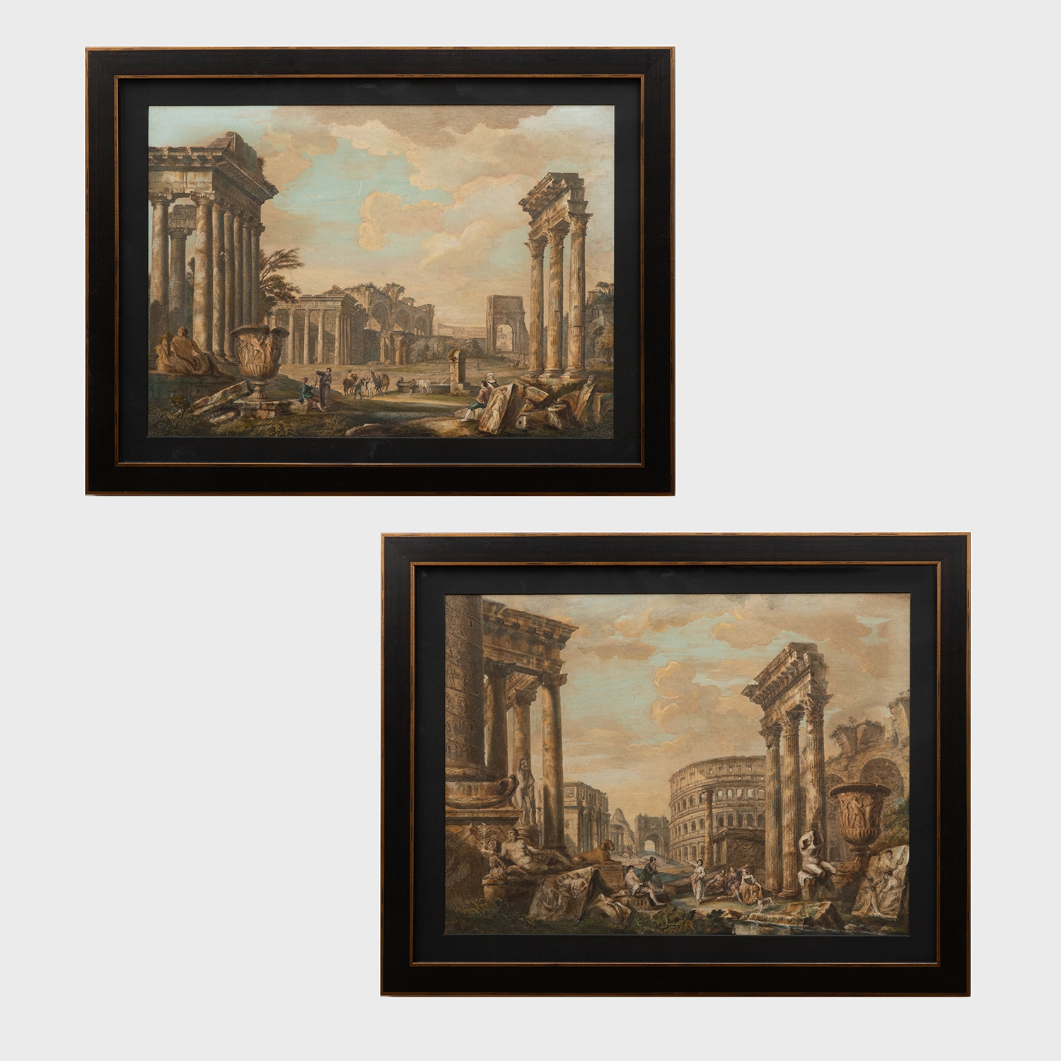 Artwork by Giovanni Paolo Pannini, Johann Sebastian Müller, 2 Works: View of the Campo Vaccino with the Temple of Jupiter Stator, the Arch of Titus, the Colosseum, the Basilica of Maxentius, the Temple of Antoninus and Faustina and Temp, Made of etchings with later hand-coloring on wove paper