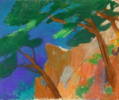 Felsige Landschaft mit Bäumen by Rudolf Kriesch