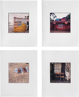 Four works: (i) Yellow, Pink, Blue Bundle; (ii) Coca Cola shack; (iii) Two Pairs; (iv) Drop Off A.M. Pick Up P.M. - Zoe Leonard