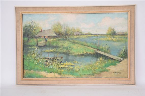 Landscape, village by water by Johannes Wilhelm van der Heide