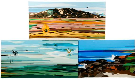 Three works:Desert and Ocean, featuring supersonic jets breaking the sound barrier, Japanese Zeros attacking toward the viewer, a burning bush, a cowboy with pack horse and other anomalies by Luca Bonato