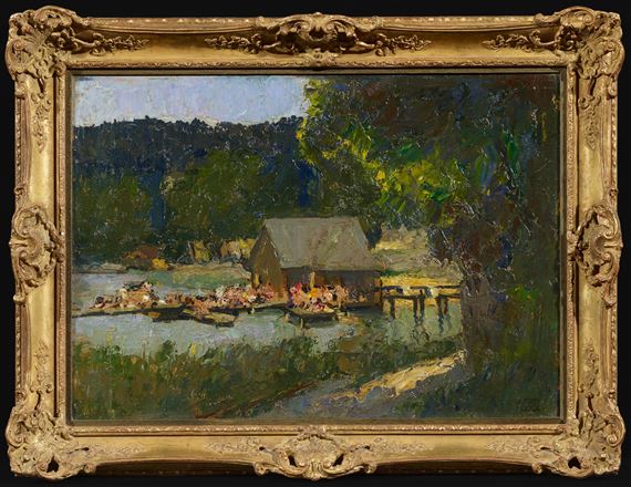 Bathers on the Bathing Jetty of a Bavarian Lake by Adolf Frey-Moock