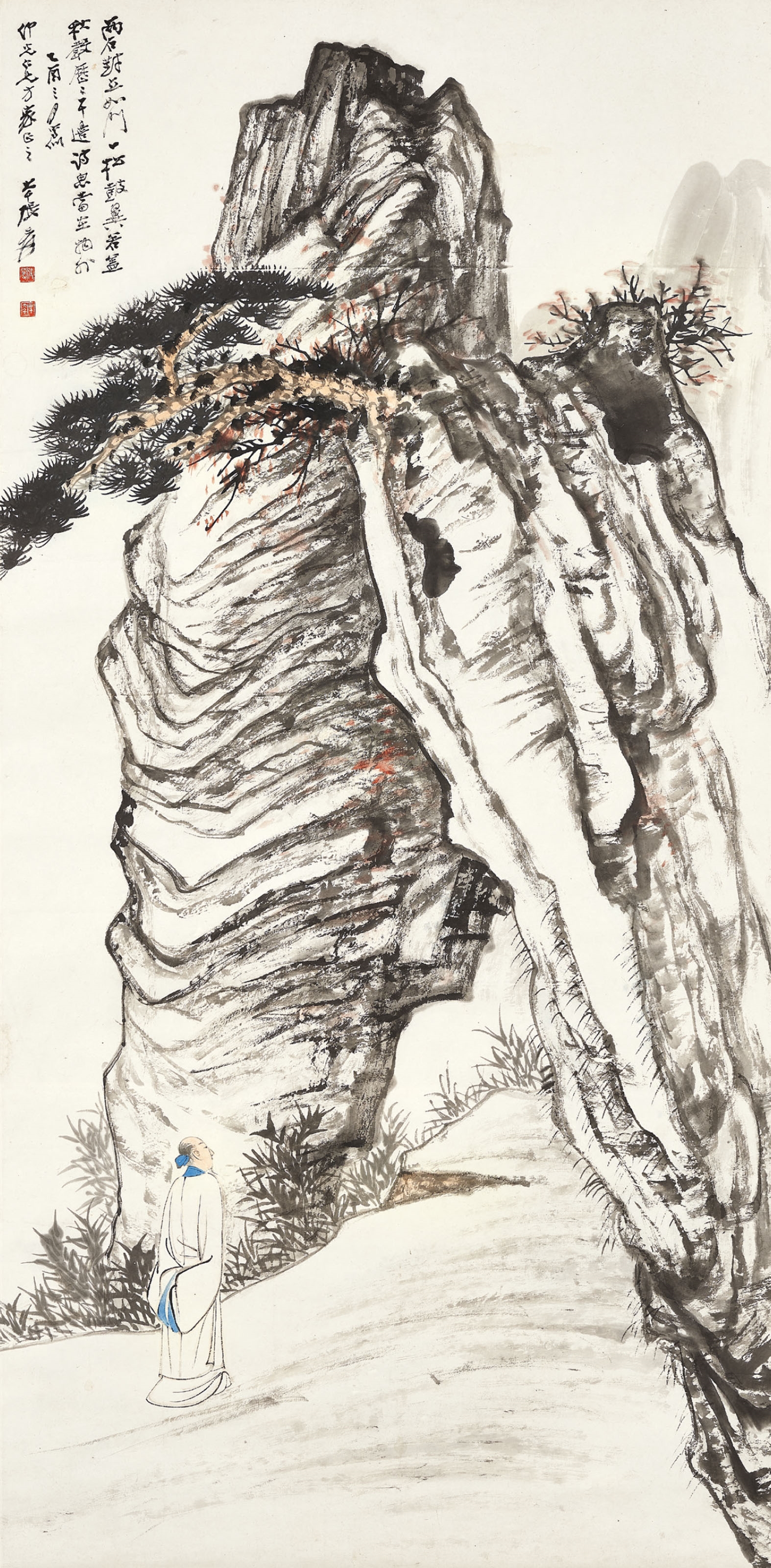 Artwork by Zhang Daqian, Scholar Viewing Pine, Made of Hanging scroll, ink and colour on paper