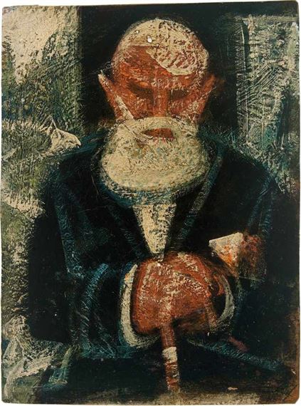 Sitzender alter Mann, auf Stock aufgestützt