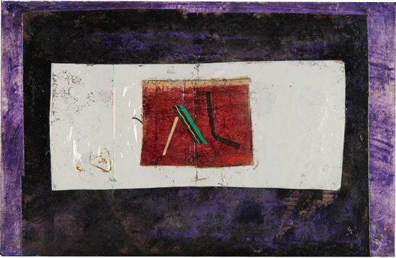 Streifen über geschichteten Formen in Rot, Silber, Schwarz und Violett by Hermann Glöckner, Circa 1960