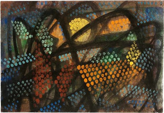 o.T. (Gepunktete Farbfelder zwischen schwarzen Schwüngen) by Hermann Glöckner, 1960