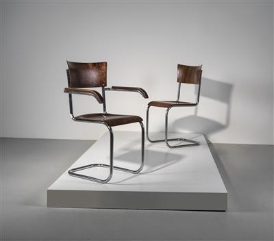 Artwork by , Mart Stam, Two cantilever chairs mod. no. B 43 and B 43 F, Made of chromium plated tubular steel free-swinging construction, plywood seat and back surfaces with dark stained nut veneer