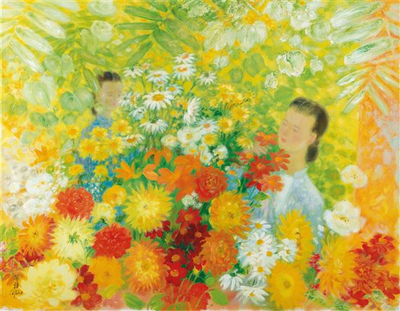 Deux filles dans le jardin (Two Girls in the Flower Garden) by Lê Phổ, 1975