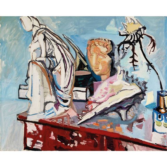 Stilleben mit Gipsstatuette, Etruskermaske und Muschel by Max Gubler