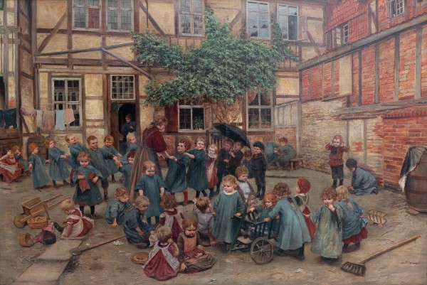 Artwork by Franz Xaver Lang, Children playing outside an orphanage, Made of canvas