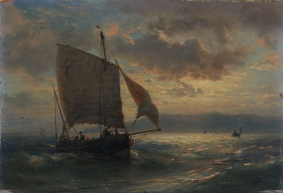 Hermanus Koekkoek the Elder | Boats by the shore at sunset | MutualArt