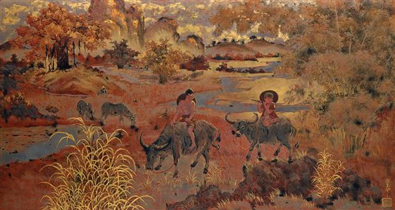 Young Cowherds in Tonkinese Landscape by Pham Hau, circa 1938