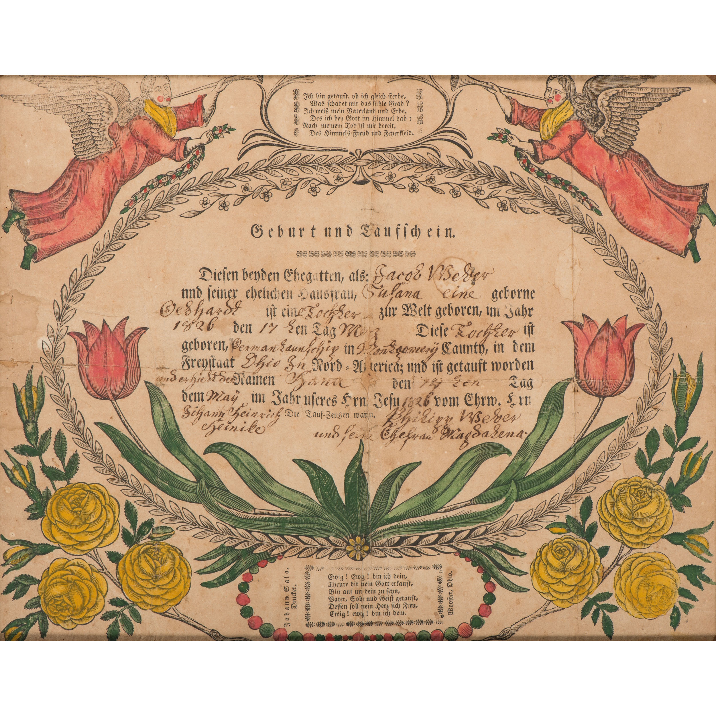 Artwork by Johann Gala, Ohio-Printed Fraktur for Birth in Montgomery County, Ohio