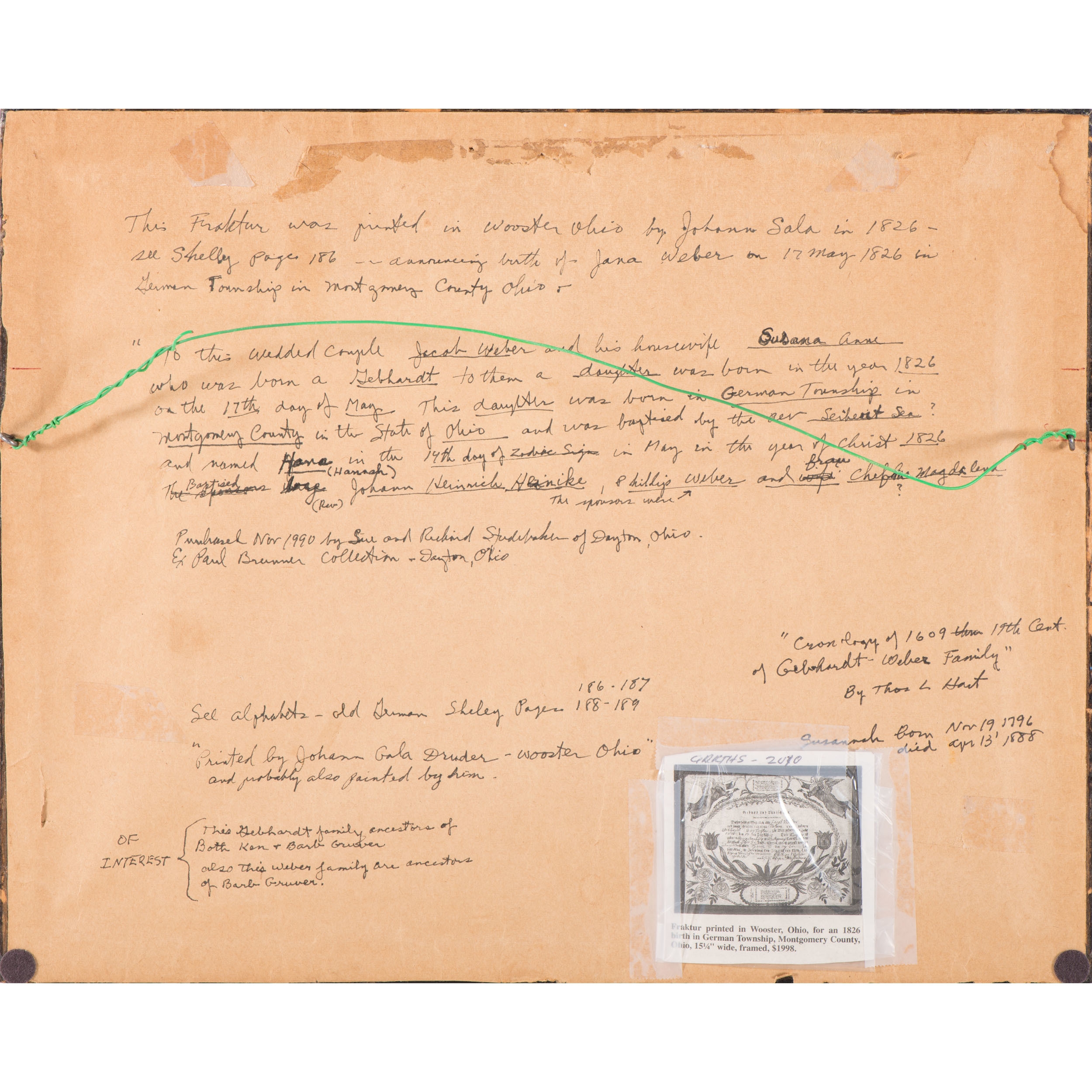 Artwork by Johann Gala, Ohio-Printed Fraktur for Birth in Montgomery County, Ohio