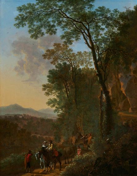 AN ELEGANTLY DRESSED COUPLE ON HORSEBACK ON A PATH WITH OTHER TRAVELLERS IN A SOUTHERN LANDSCAPE by Willem de Heusch