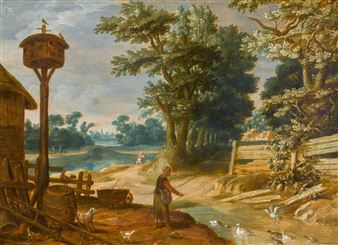 A RIVER LANDSCAPE WITH A PEASANT WOMAN FEEDING DUCKS - Johannes Urselincx