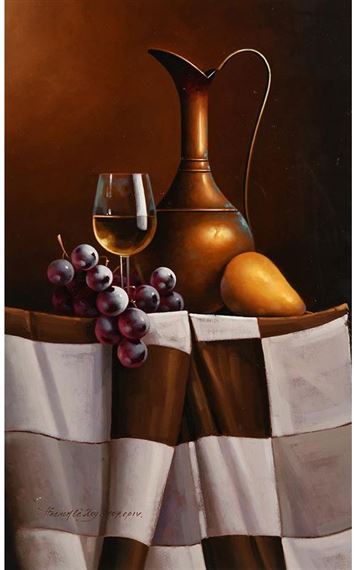 Still Life - Wine and Fruit on Tabletop by David French le Roy, 2007