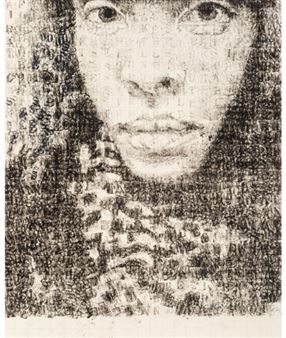 A monochromatic portrait rendered with dense, textured strokes.