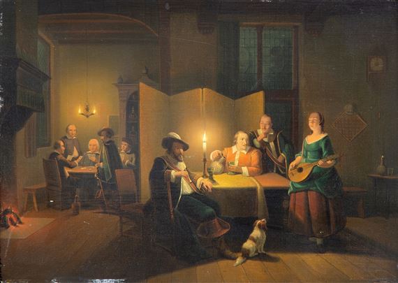 Drinking, smoking and playing cards in a tavern by candlelight by Pieter Geerard Sjamaar