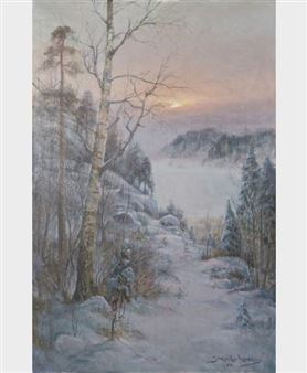 A serene winter landscape painting featuring a snowy forest path leading into a misty valley at sunrise.