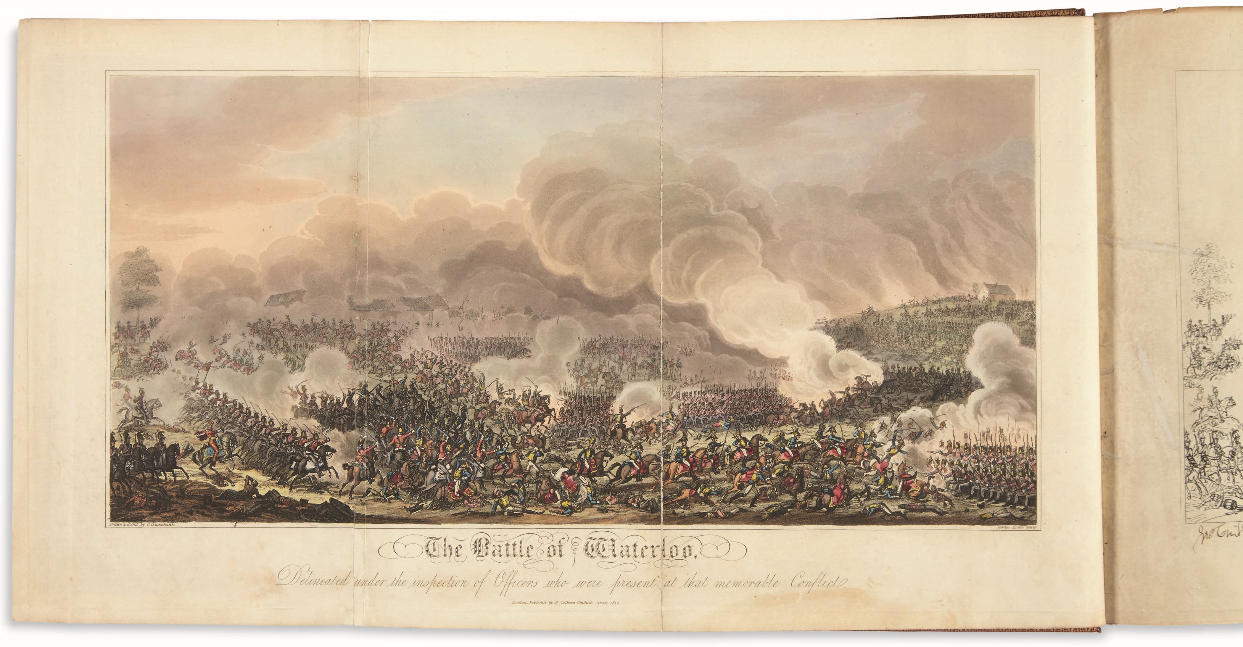 Artwork by George Cruikshank, William Mudford, An Historical Account of the Campaign in the Netherlands, in 1815, Under His Grace the Duke of Wellington and Marshal Prince Blucher, Comprising the Battles of Ligny, Quartre Bras, and Waterloo, Made of hand-colored aquatint and etched plates