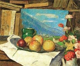 NATURA MORTA CON FRUTTI E FIORI by Carlo Fornara, 1952