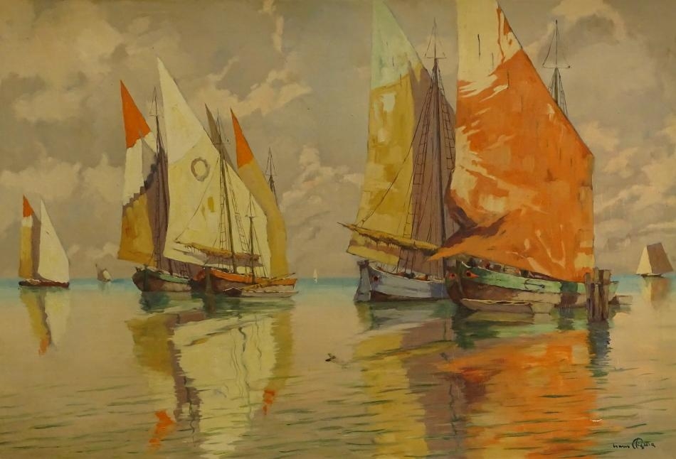 Sailing Ships in Lagoon by Hans Figura