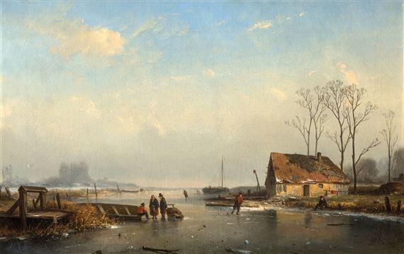 Winterlandscape with skaters by Louis Smets, 1864
