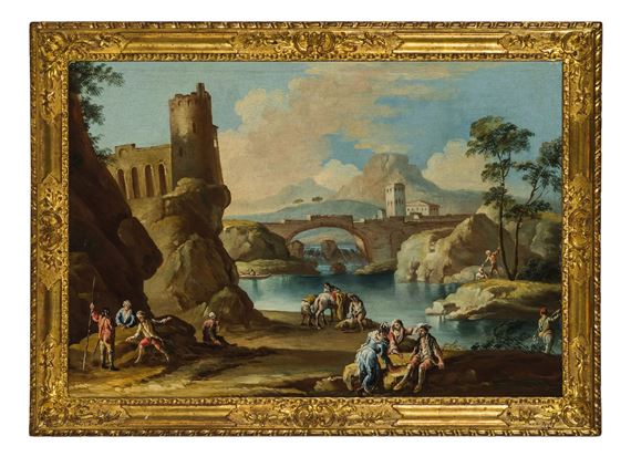 Paesaggio con torre, ponte e figure by Francesco Simonini