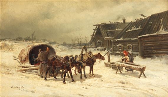 A winter's day in the village by Nikolai Svertschkoff Sverchkov