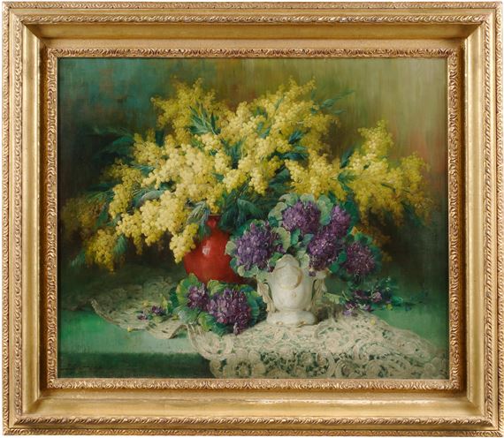 A still life of spring flowers on a draped table by Julien Stappers