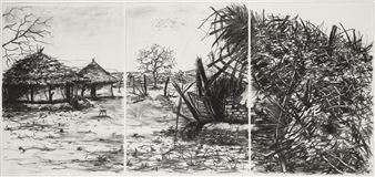 Rural village, triptych - Phillemon Hlungwani