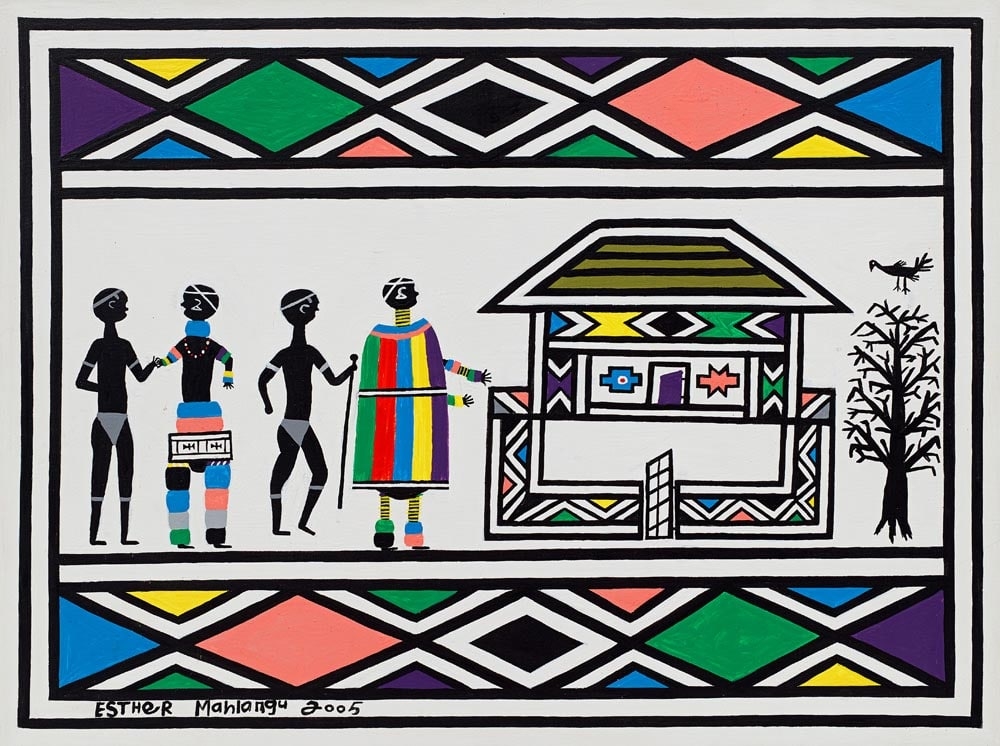 Artwork by Esther Mahlangu, Ndebele homestead, Made of acrylic on canvas