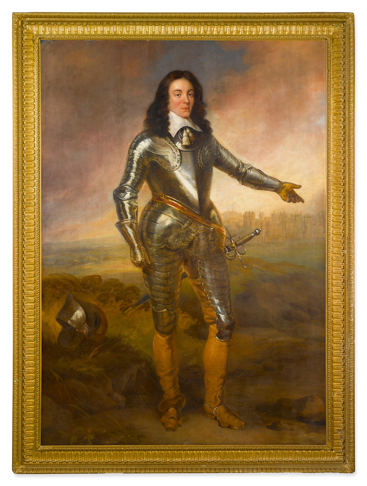 PORTRAIT OF A GENTLEMAN, PROBABLY CAPTAIN JOSEPH POOLE OF SYKEHOUSE, WEARING ARMOR AND STANDING IN A LANDSCAPE by British School, 18th Century