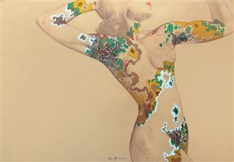 A stylized figure with a body covered in colorful, organic patterns against a neutral background.
