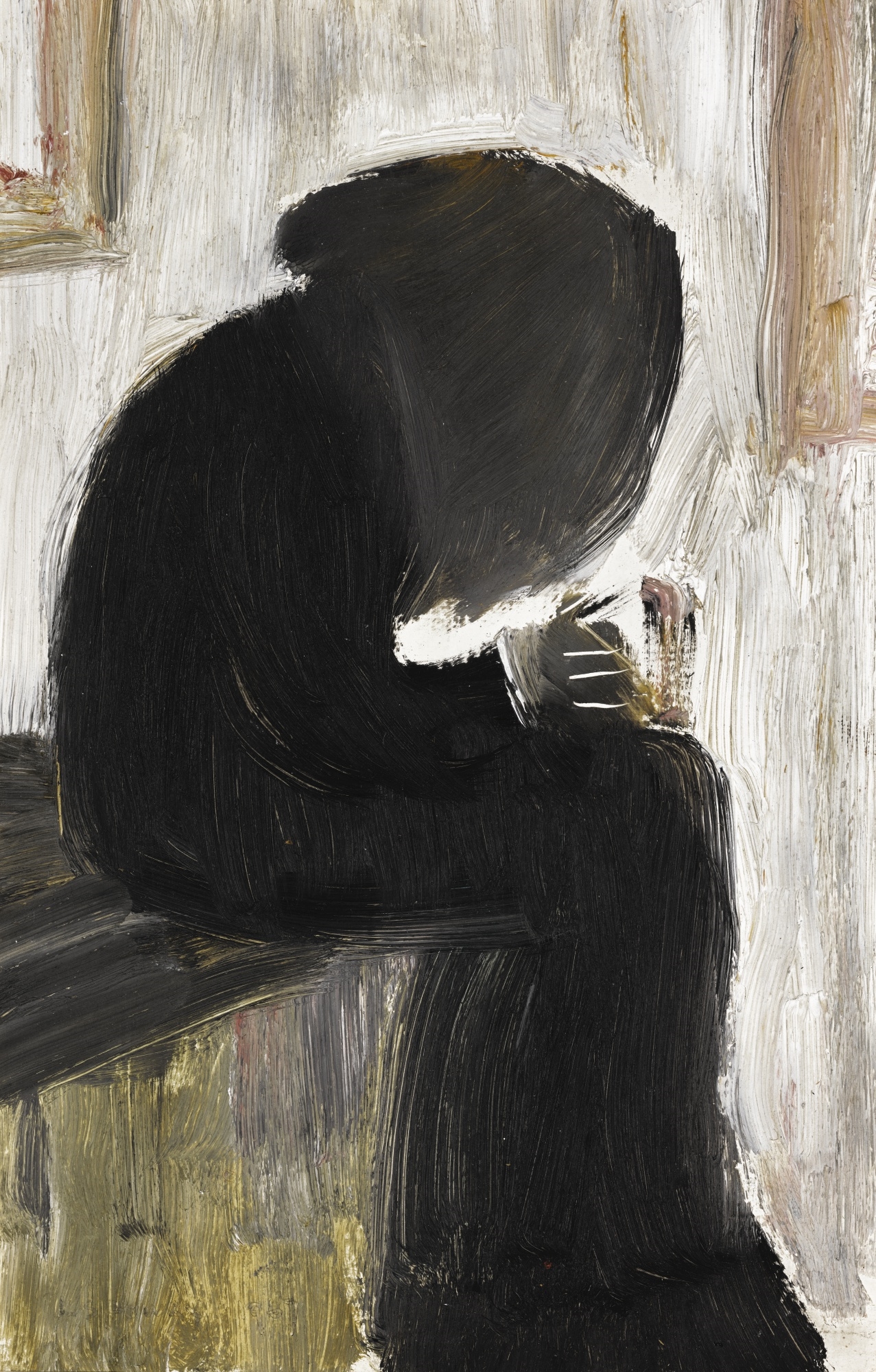 Artwork by Laurence Stephen Lowry, MAN SEATED IN THE NATIONAL GALLERY, Made of oil on board