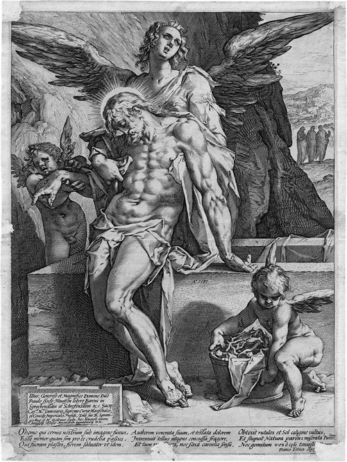 Artwork by Hendrick Goltzius, Bartholomeus Spranger, Die tote Christus von Engeln gehalten, Made of copper engraving