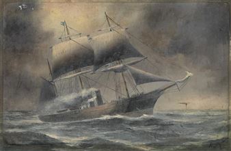 Steamship at Sea against a Stormy Evening Sky - Imogene Robinson Morrell