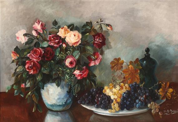Still life with grapes, a bottle and a bouquet of roses in a vase by Ingeborg Bentine Debois