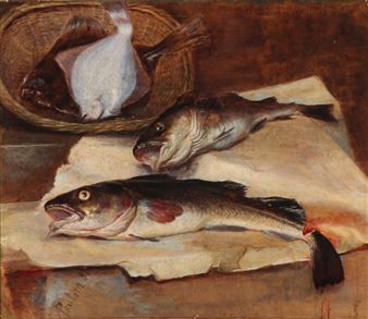 Still life with flatfish and cod on a stone table - Anina Poulsen