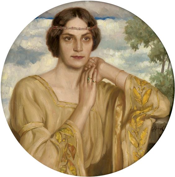 Bildnis einer Frau in goldbestickter Tunika mit einer Perlenschnur im Haar vor einer Landschaft by Walter von Bongé