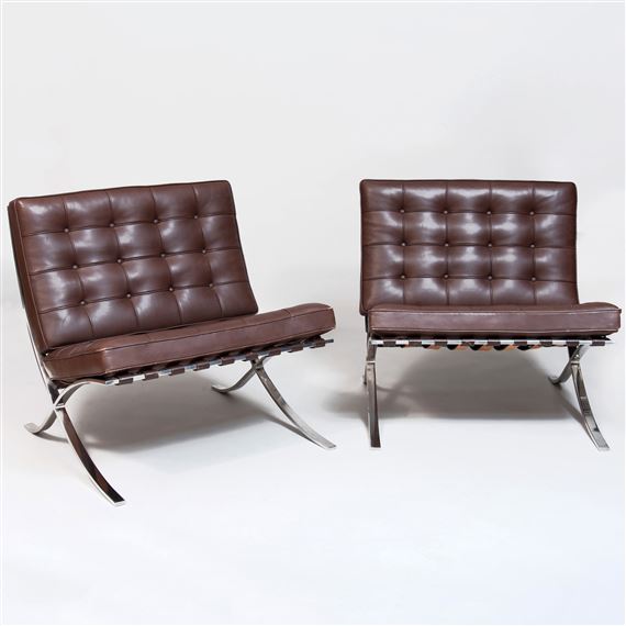 Two works: Pair of Knoll Chrome and Leather 'Barcelona' Chairs by Knoll Associates