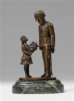 Statuette des alten Kaisers mit Blumen überreichendem Mädchen - Gustav Siegfried Hermann