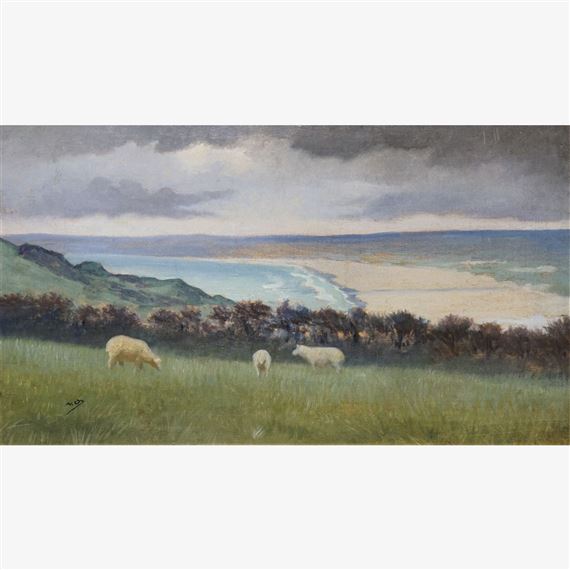 Trois moutons et la plage de Dielette by Alphonse Osbert, 1890