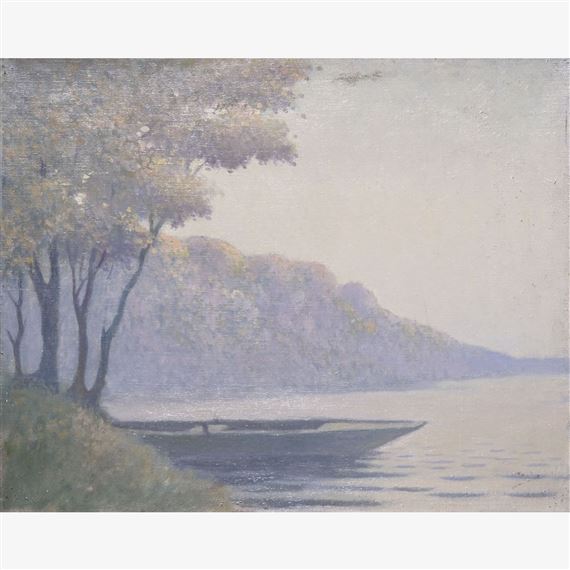 Une barque au bord du rivage sous les arbres by Alphonse Osbert
