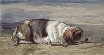 Liegender Hund in einer Landschaft - Valentine de Ségur Lamoignon