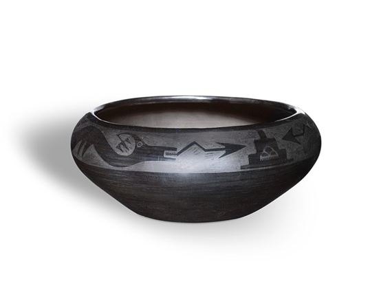 San Ildefonso, signed: Marie, the polished bowl decorated on the rim with avanyu serpents flanking a stepped pyramid centering a rain cloud