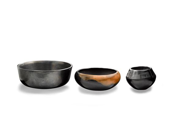 Two signed for Maria Martinez, comprising a polished blackware bowl signed "Marie", a small polished black and oxidized red bowl, and a jar with geometric shoulder decoration signed "Marie + Julian." by Maria Montoya Martinez, Julian Martinez
