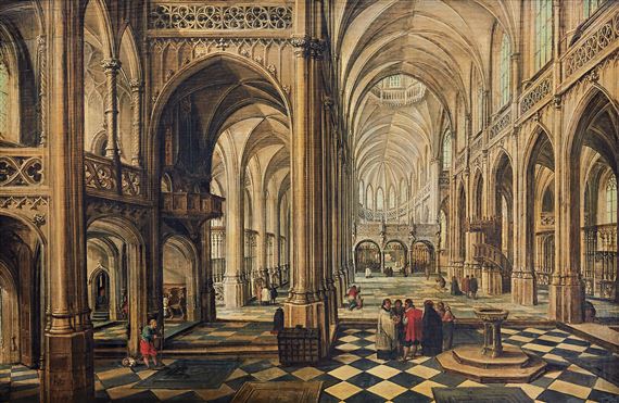 A view in a Gothic church looking towards the choir, with a family and a priest near a font by Paul Vredeman de Vries, 1609