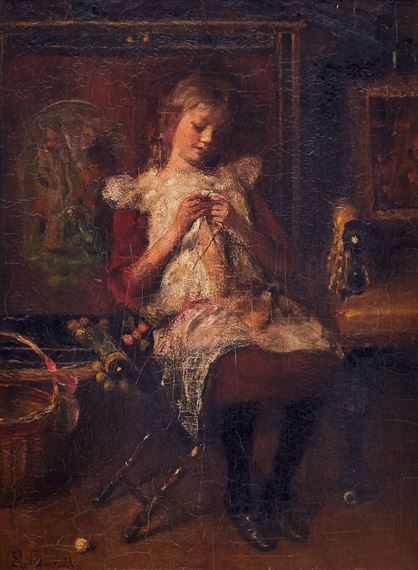 Interiör med flicka som stickar by Emma Ekwall